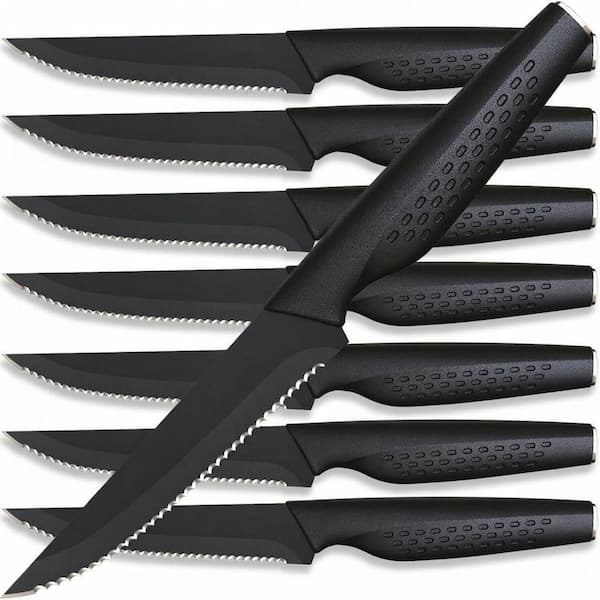 Stainless Steel 4.5 in. Serrated Steak Knife Set Dishwasher Safe Non-Slip Handle Black Finish (8-Piece)