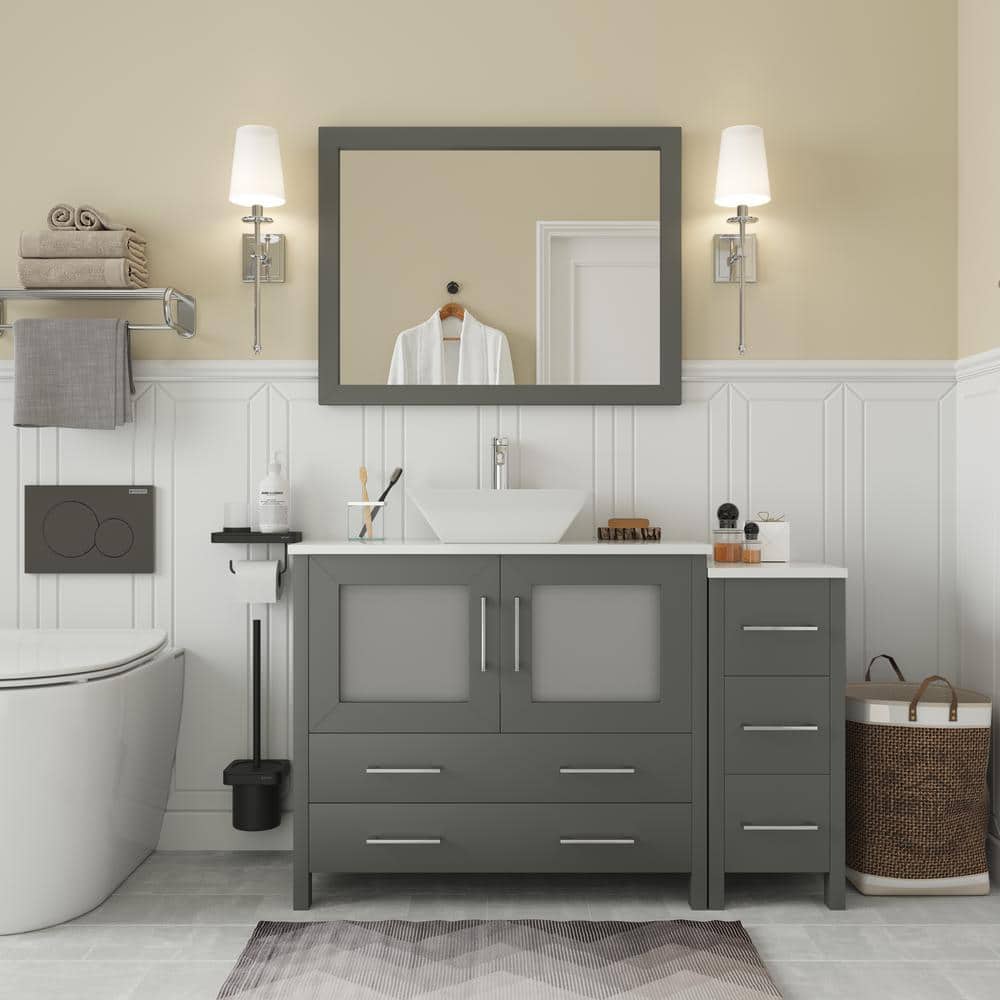 Beaumont Decor Hampton 37-in Gray Single Sink Bathroom Vanity with White Natural Marble Top (Mirror Included)