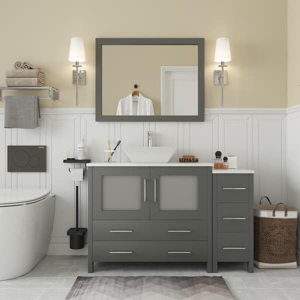 Vanity Art Ravenna 48 in. W Bathroom Vanity in Grey with Single Basin in White Engineered Marble Top and Mirror