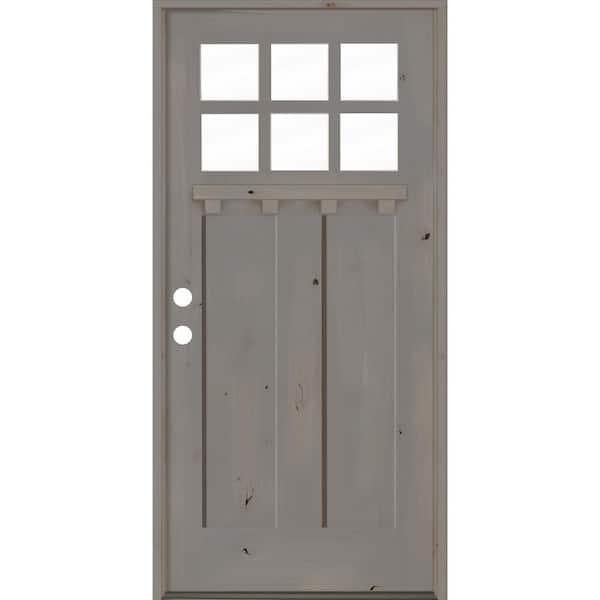 Krosswood Doors 36 in. x 80 in. Craftsman Alder Right Hand 6-Lite Clear Glass Grey Stain Wood Prehung Front Door with Dentil Shelf