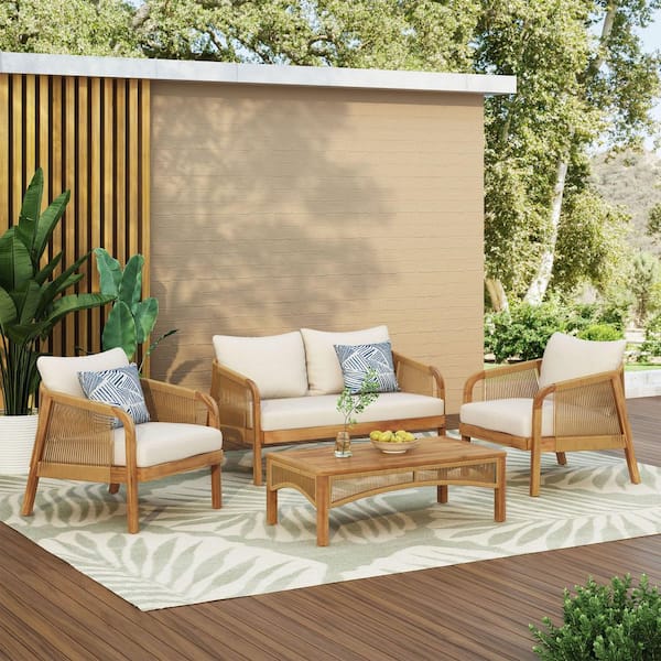 Brown 4-Piece Acacia Wood Patio Conversation Deep Seating Set with Beige Soft Cushion for Garden, Backyard