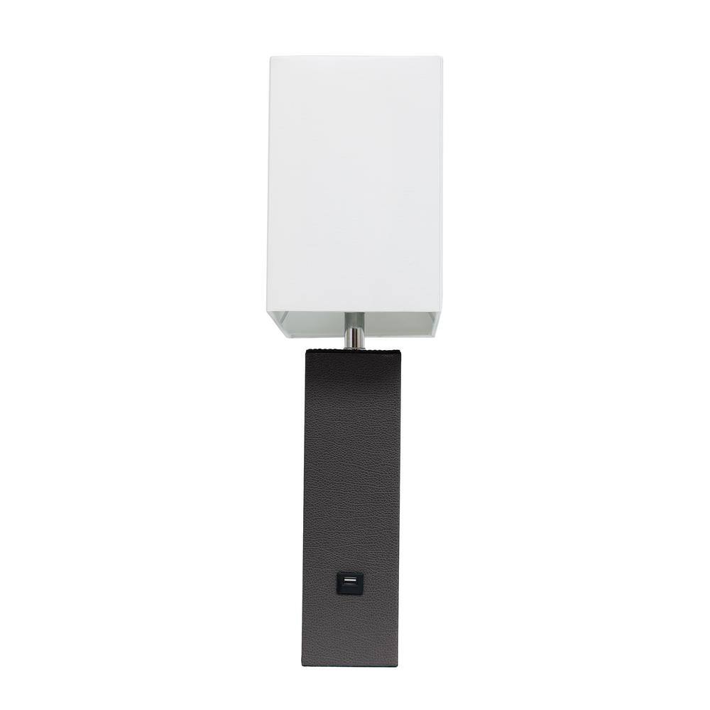 Modern Brown Leather Table Lamp with USB and White Fabric Shade