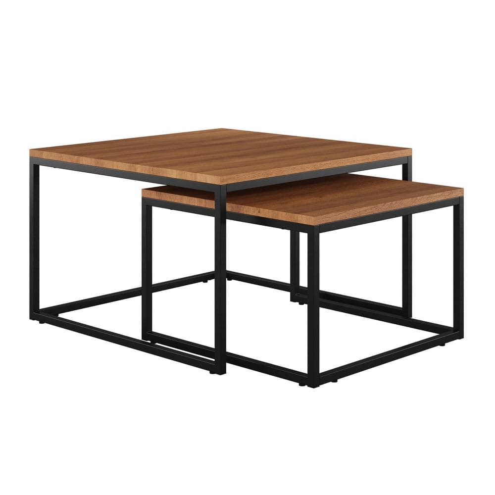 Fort Worth Brown Wood and Black Metal Square Nesting Coffee Tables