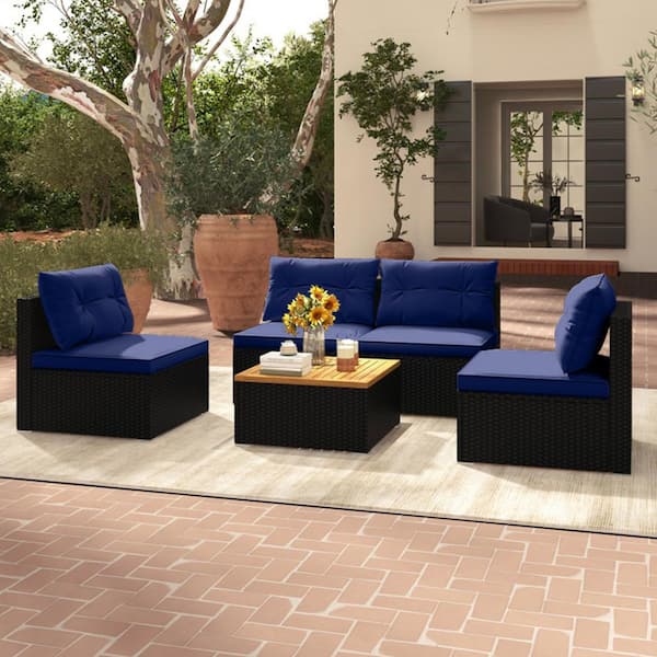 Kadehome 5-Piece Outdoor Metal Patio Conversation Set with Solid Tabletop and Navy Cushions
