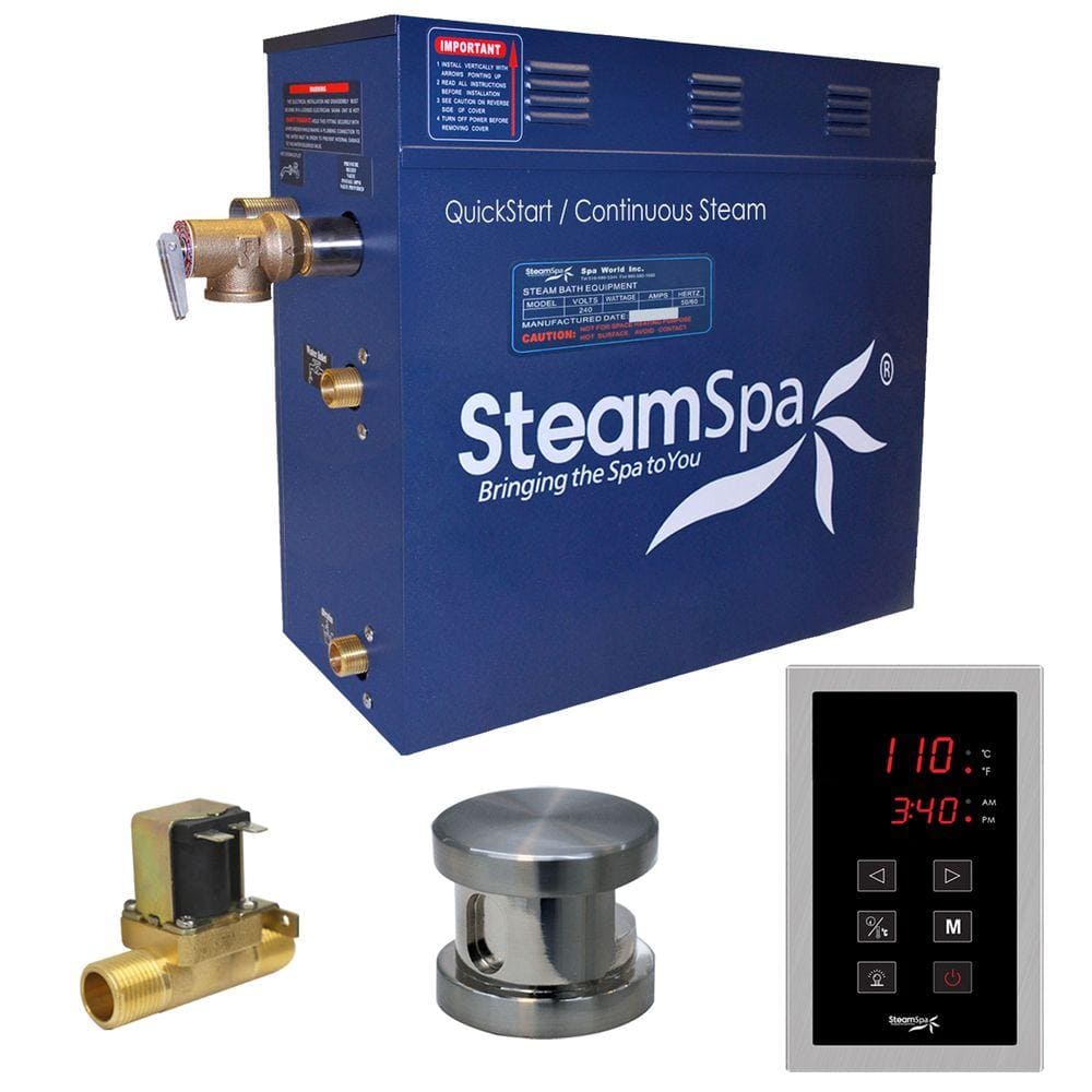 SteamSpa Oasis Series 7.5kW Steam Bath Generator with Continuous Steam Plus Quick Start Tech and Auto Drain in Brushed Nickel