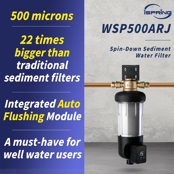 NSF-Certified 500-Micron Jumbo Auto-Flush Spin Down Sediment Water Filter, 1 in. MNPT and 3/4 in. FNPT