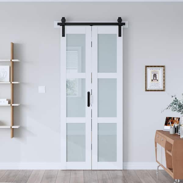 36 in. x 84 in. 3-Lite Tempered Frosted Glass Solid Core White Finished MDF Wood Bi-Fold Door with Hardware Kit