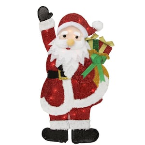 32 in. Red and White Lighted Waving Santa with Gifts Christmas Outdoor Decoration
