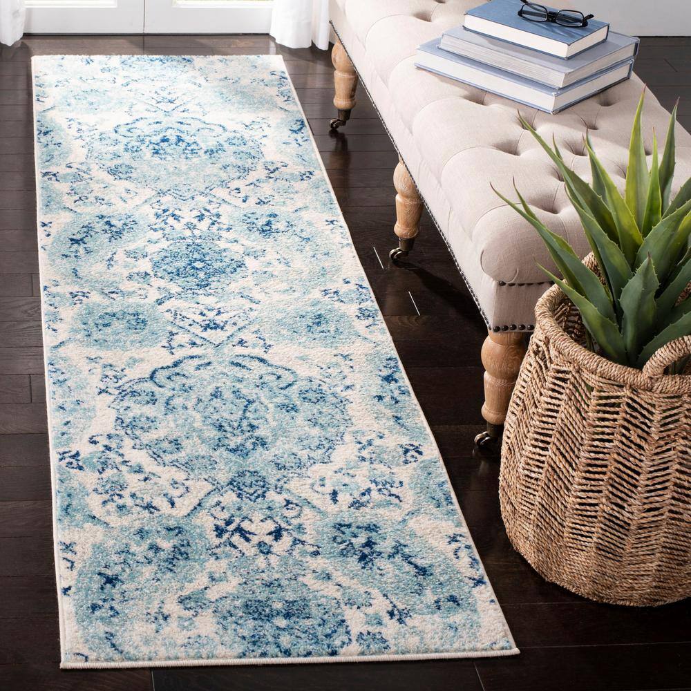 Cream and Turquoise Synthetic Hand-knotted Runner Rug