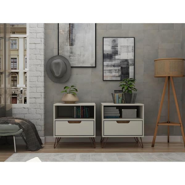 Manhattan Comfort Rockefeller 1-Drawer Off White and Nature Nightstand (Set of 2)
