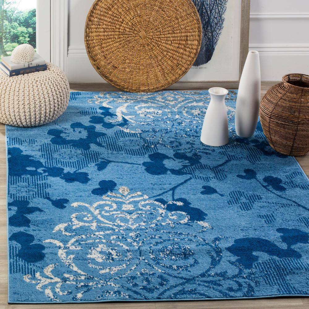 Adirondack Light Blue and Dark Blue Floral Area Rug, 6' x 9'
