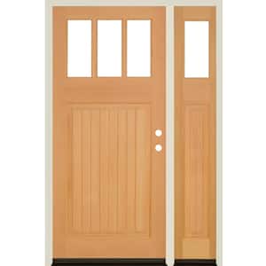 36 in. x 80 in. 3-LIte Clear Glass 1-Panel/V-Grooves Clear Stain Left Hand Douglas Fir Prehung Door Right Sidelite