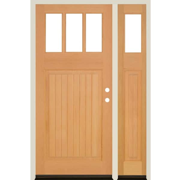 Krosswood Doors 36 in. x 80 in. Craftsman 3-Lite Clear Glass VG Clear Stain Left Hand Hemlock Wood Prehung Front Door w/RSL