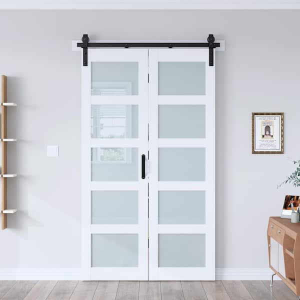 48 in. x 84 in. 5-Lite Tempered Frosted Glass Solid Core White Finished MDF Wood Bi-Fold Door with Hardware Kit