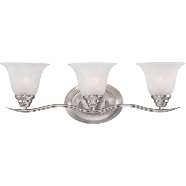 Volume Lighting Trinidad 3-Light Indoor Brushed Nickel Bath or Vanity Wall Mount with Alabaster Glass Bell Shades