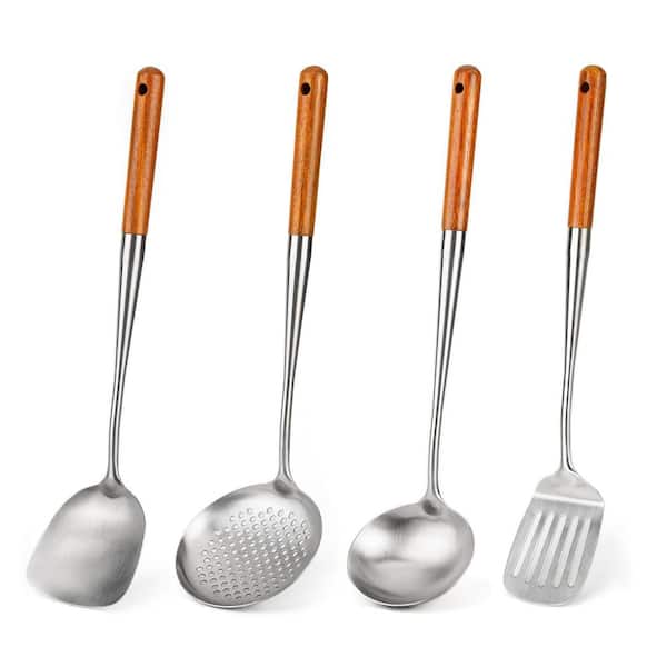 4-Pieces Walnut and Silver Stainless Steel Pizza Wok Spatula Ladle, Skimmer Spoon, Slotted Turner Spatula Utensils Tools