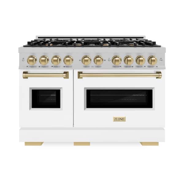 Autograph 48 in. Classic Double Oven Dual Fuel Range with 8 Burners in Satin Steel with White Doors and Bronze Accents