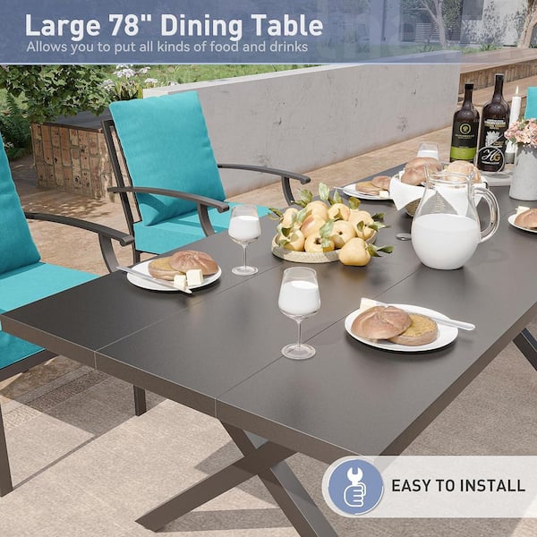 7-Piece Metal Patio Outdoor Dining Set with 2 Swivel Chairs, 4 Chairs, Large Table, Umbrella Hole and Blue Cushions