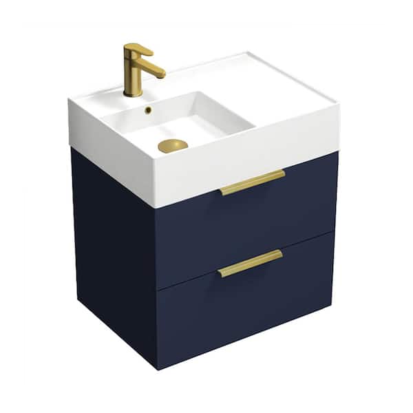 Nameeks Derin 23.6 in. W x 17.32 in. D x 25.2 in. H Modern Wall Mounted Bathroom Vanity in Night Blue with White Ceramic Top