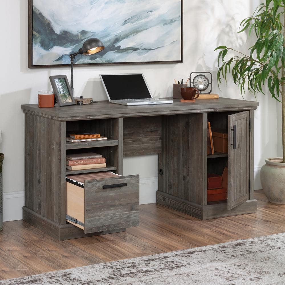 Pebble Pine Brown Wood Computer Desk with Drawer and Filing Cabinet