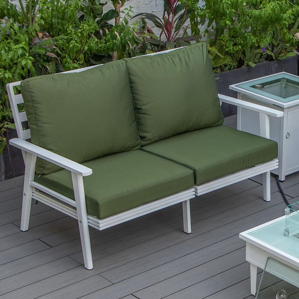 Leisuremod Walbrooke Patio White Aluminum Frame and Loveseat with Green Removable Cushions