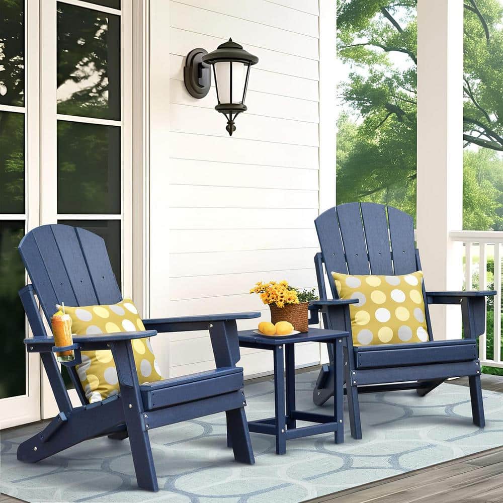 Navy Blue All-weather HDPE Folding Outdoor Adirondack Chair and Table Set, 