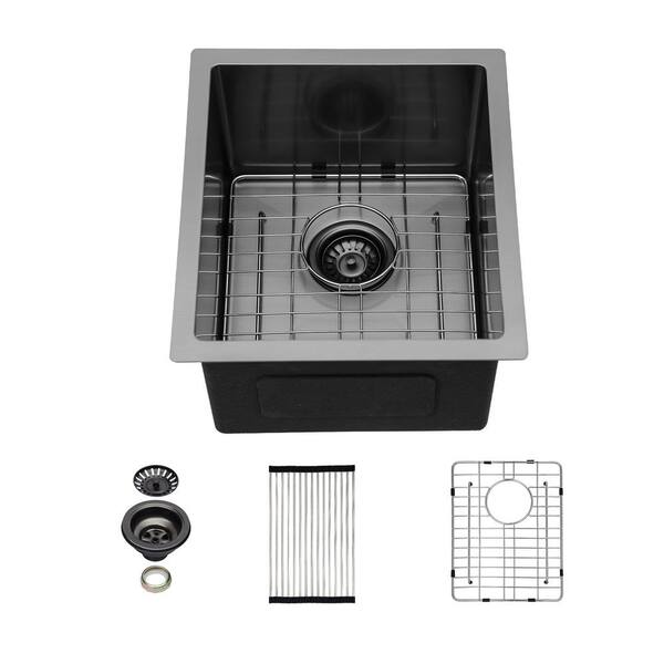 15 in. Undermount Single Bowl 16-Gauge Stainless Steel Kitchen Sink Basin with Rolling Drying Rack, Black