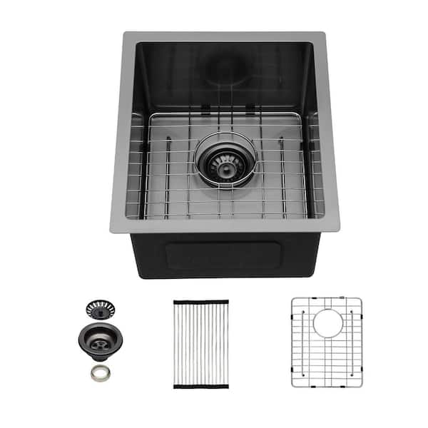 15 in. Undermount Single Bowl 16-Gauge Stainless Steel Kitchen Sink Basin with Rolling Drying Rack