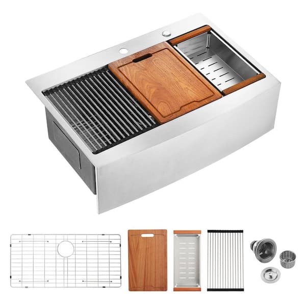 33 in. Stainless Steel Farmhouse Single Bowl 16-Gauge Kitchen Sink with Cutting Board, Colander, Roll-Up Rack