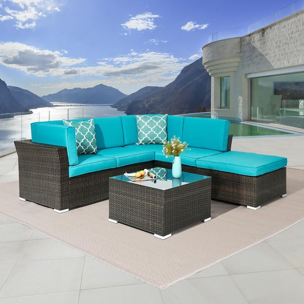 JOYESERY 4-Piece Patio Conversation Sofa Sets PE Wicker Rattan, with Lake Blue Cushions Tempered Glass Table