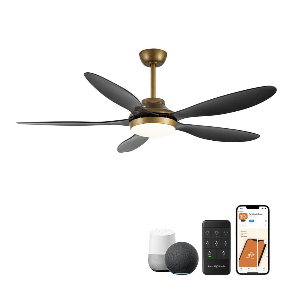 52 in. Indoor Integrated LED Antique Brass Smart Ceiling Fan with Light and Remote, Works with Alexa/Google/Siri/Tuya -  Parrot Uncle, F6357-SMART