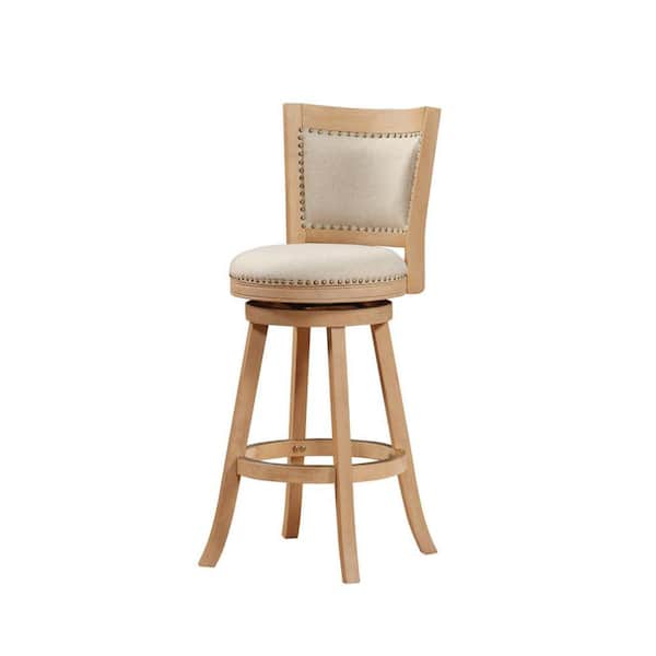 Benjara 43.5 in. Ivory Solid Wood Swivel Barstool With Curved Panel Back and Brass Nailheads