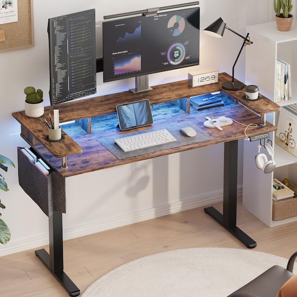 58 in. Rectangular Rustic Brown Wood Sit to Stand Desk with Monitor Stand and Cup Holder