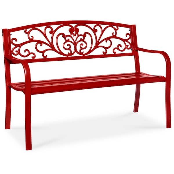 3-Person Red Metal Outdoor Bench