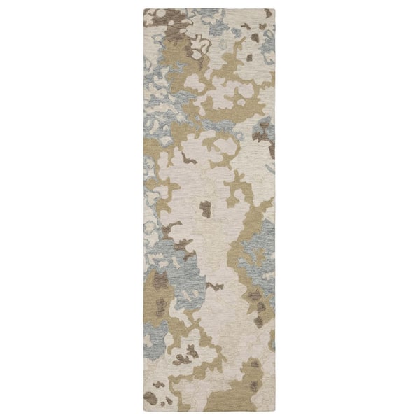 AVERLEY HOME Keenan Beige/Blue 2 ft. x 8 ft. Layered Abstract Wool Mixed-Pile Hand-Tufted Indoor Runner Area Rug