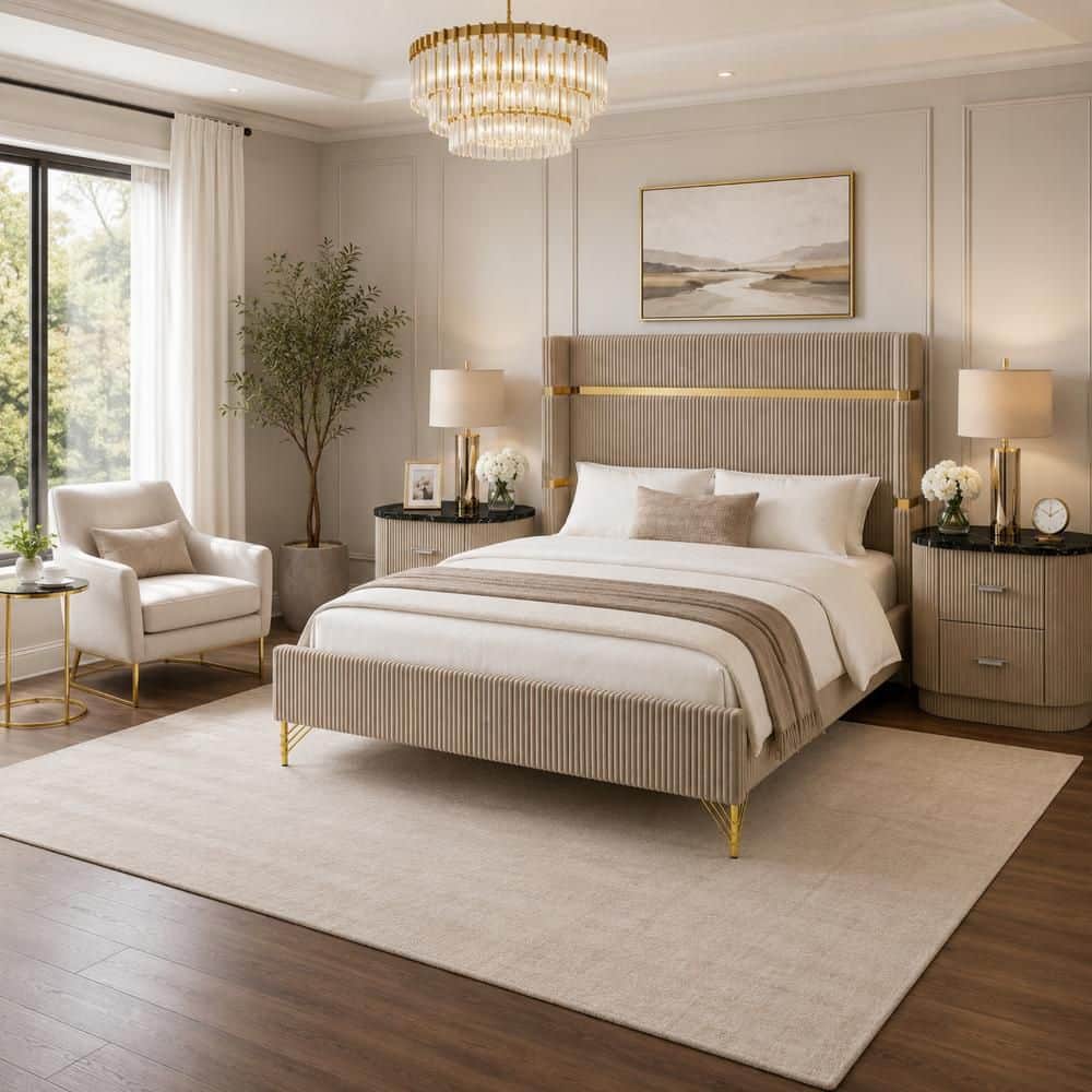 3 Piece Beige, Gold, Beige, Black and Silver Wood Queen Bedroom Set with 2 Nightstands price history on PriceWatchPro