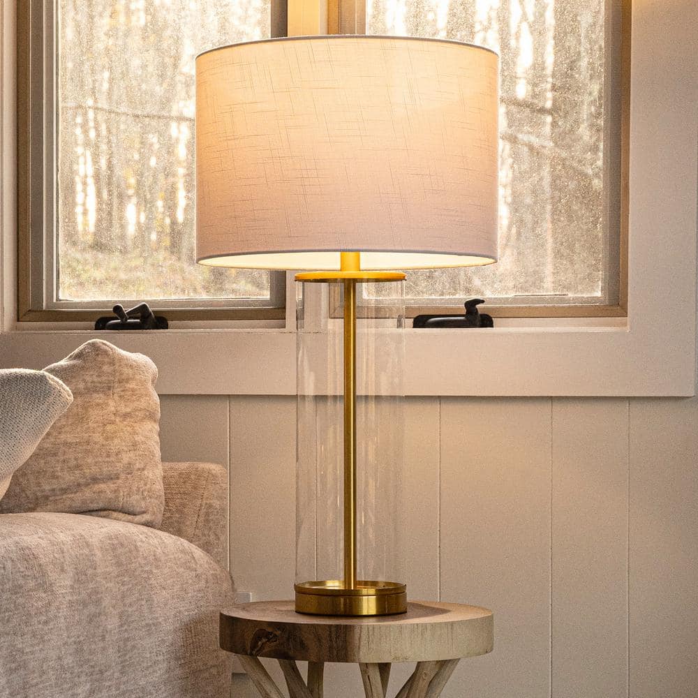 Collins 29" Clear Glass and Brass Table Lamp with White Drum Shade