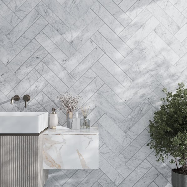 Grandis Gray 4 in. x 16 in. Honed Bianco Carrara Marble Mosaic Tile (4.44 sq. ft./case) 10-Pack