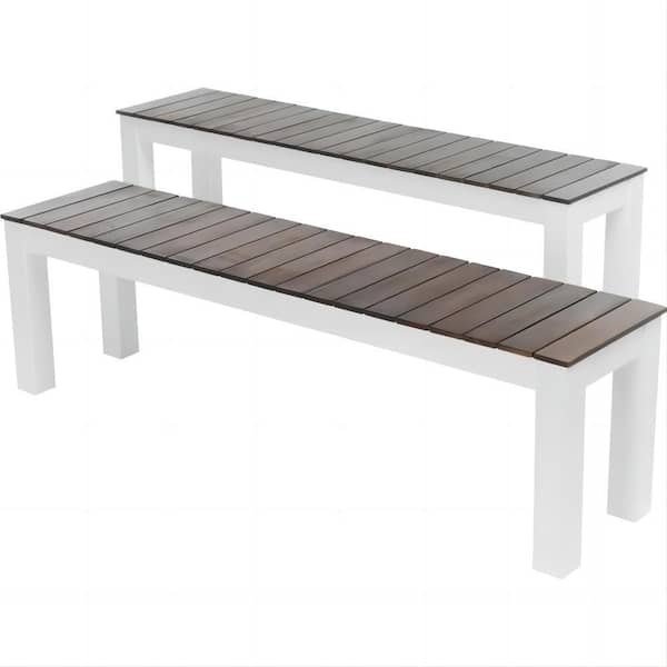 Huluwat 61 in. W x 14 in. D White Frame Acacia Wood Outdoor Bench with Dark Brown Finish Set of Two