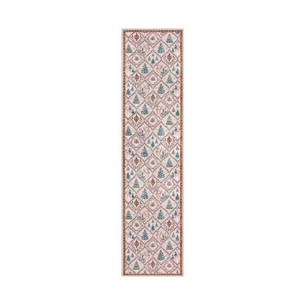 Washable Christmas Vintage Moroccan Animal Non Slip 2 ft. x 8 ft. Beige Entryway Kitchen Indoor Runner rug
