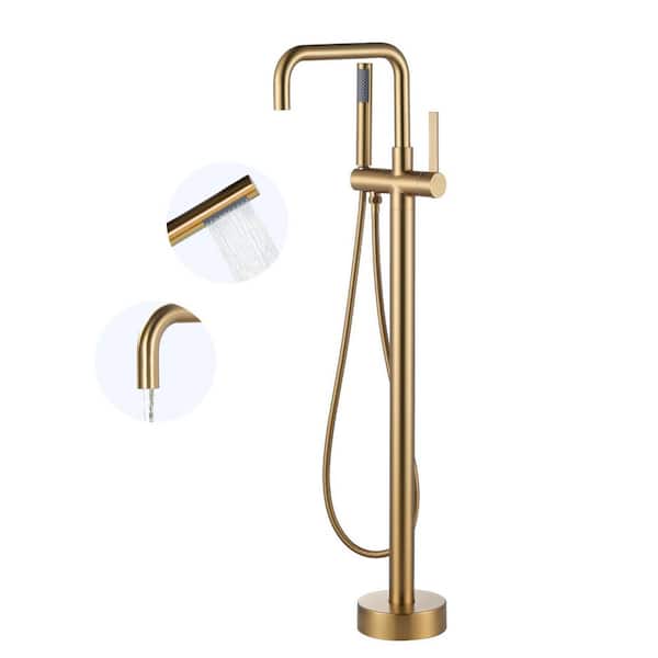 Single-Handle Freestanding Floor Mount Tub Faucet Bathtub Filler with Hand Shower in Gold