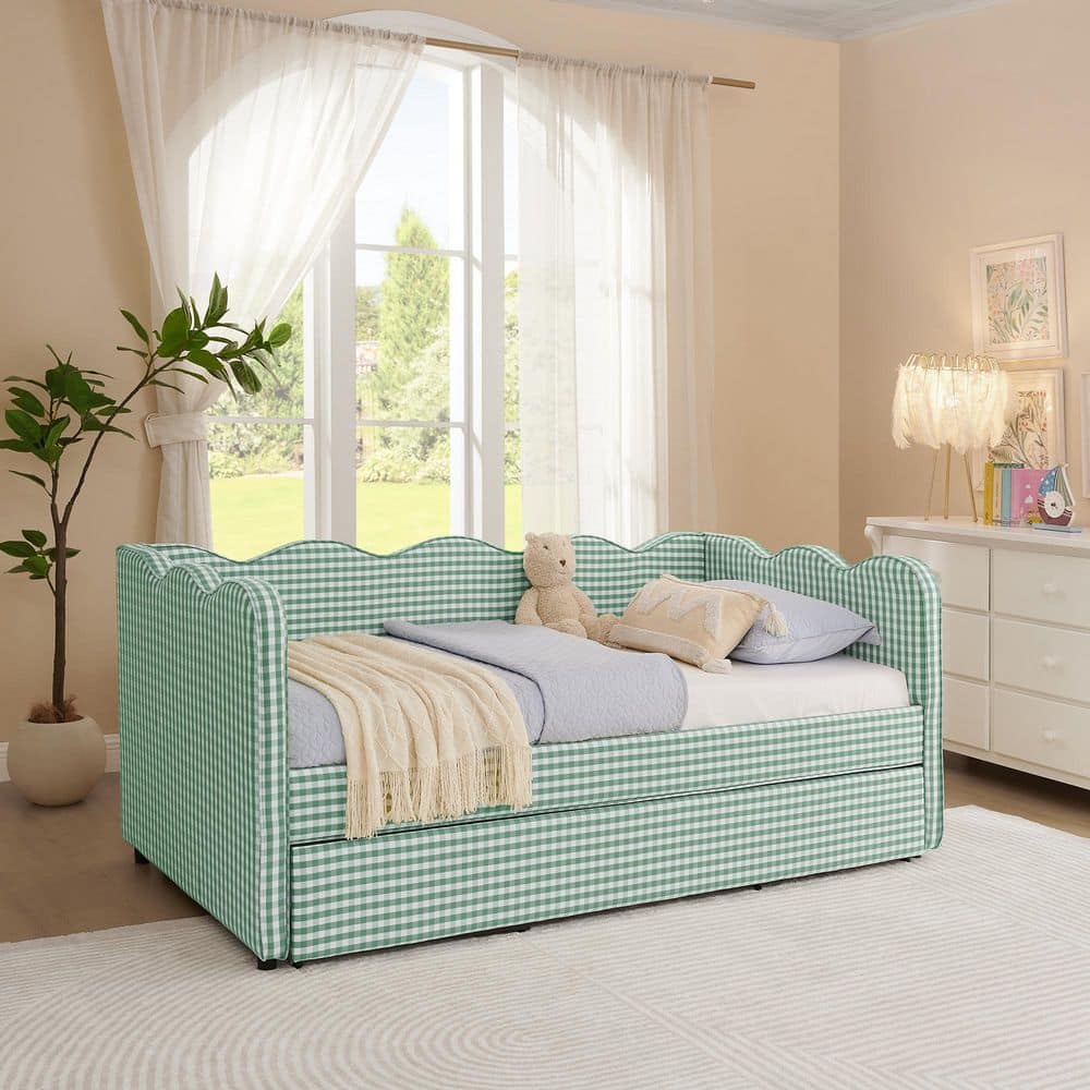 Cyan Twin Size French Country Gingham Fabric Daybed with Convertible Pop-Up Trundle and USB Ports