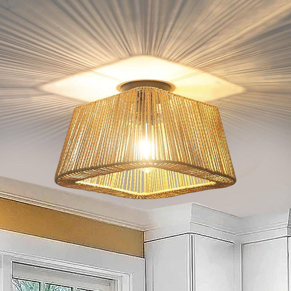 Farmhouse 14 in. 1-Light Black Boho Flush Mount Ceiling Light with Hand-Woven Rectangular Rattan Shade price history on PriceWatchPro
