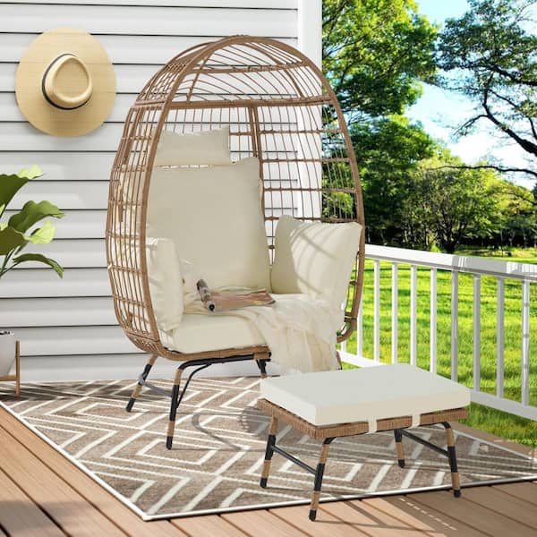 Oversized Beige Wicker Large Egg Chairs with Ottoman and Thick Beige Cushions for Porch, Backyard, Balcony, 2-Piece Set