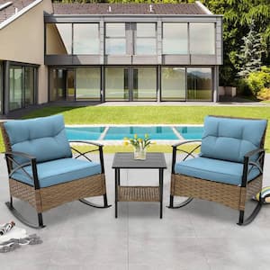 Modern Classic Patio 3-Piece PE Wicker Outdoor Rocking Chair Set with Coffee Table and Blue Cushions