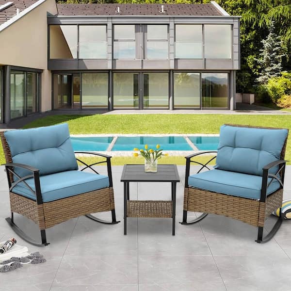 BTMWAY Modern Classic Patio 3-Piece PE Wicker Outdoor Rocking Chair Set with Coffee Table and Blue Cushions