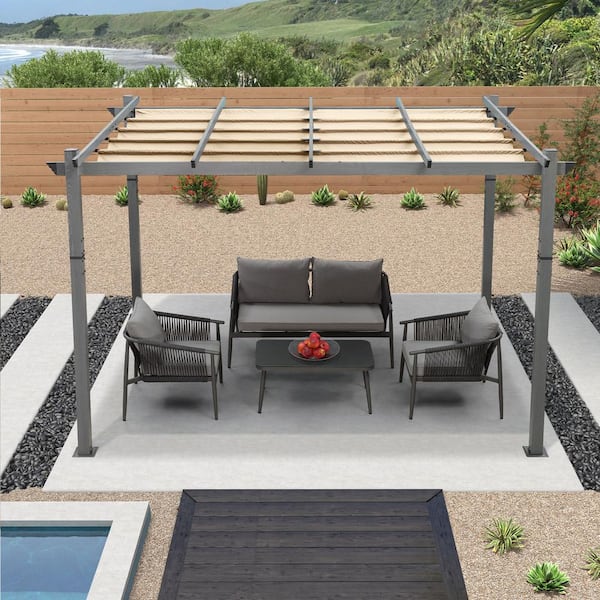 PURPLE LEAF 10 ft. x 12 ft. Khaki Aluminum Outdoor Retractable Pergola with Sun Shade Canopy for Garden Porch Beach Pavilion