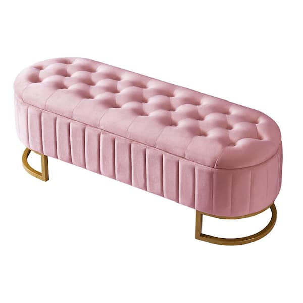 Elegant Pink Upholstered Velvet Storage Bedroom Bench with Button Tufted Flip Top Seat Lid and Gold Metal Legs
