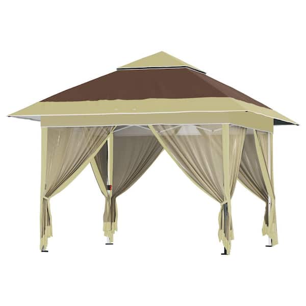 12 ft. x 12 ft. Pop Up Gazebo Outdoor Canopy Shelter, Instant Patio Sun Shade Canopy Tent with 4 Sandbags, Brown