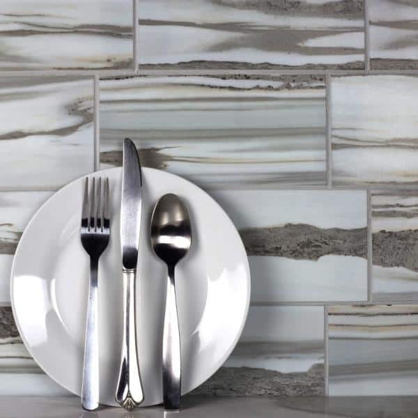French Country Subway 3 in. x 3 in. White and Gray Glass Tile Sample